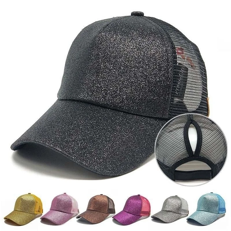 2018 Women Ponytail Punched Golf Cap Sequins Glitter Messy Bun Snapback