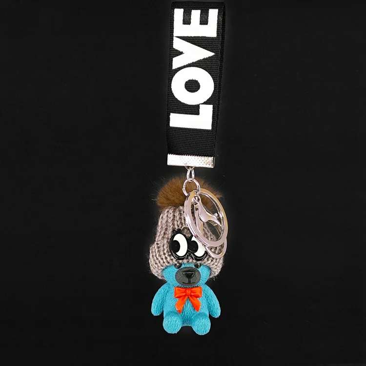 New cute resin acrylic animal bear, puppy, rabbit, color ribbon with bell cute temperament key ring pendant bag car pendant - Цвет: The bear -gray