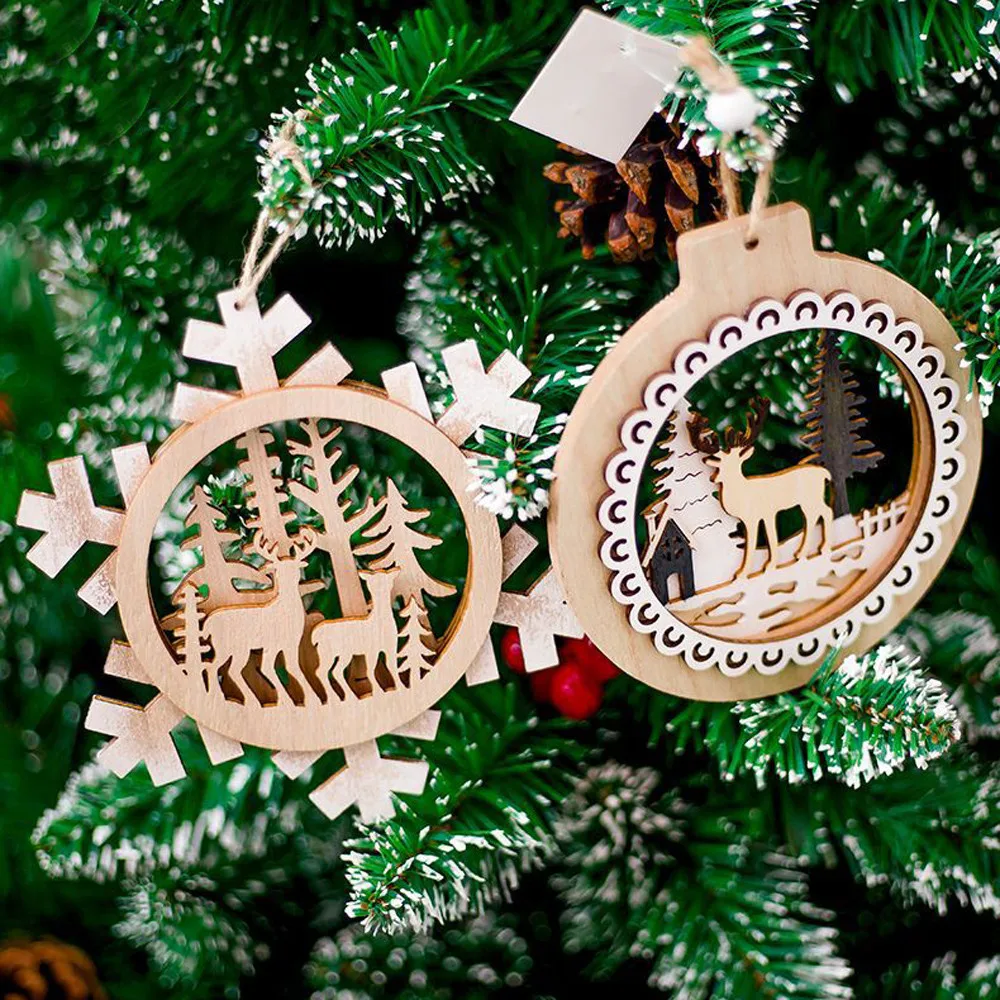 

2019 New Year Merry Christmas Tree Decoration Snowflake Wood Embellishments Rustic Christmas Tree Hanging Ornament Decor @C2