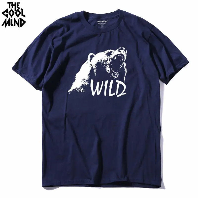 COOLMIND BE0114A Хлопковая мужская футболка с принтом медведя, повседневная мужская футболка с короткими рукавами, Повседневная летняя футболка с круглым вырезом - Цвет: NAV