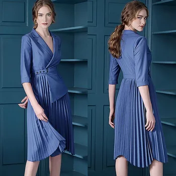 

Dress Suits Women 2020 Autumn Winter Luxury Long Sleeve Blazer Jacket Suit Elegant Pleated Midi Dress Office Lady Business Work