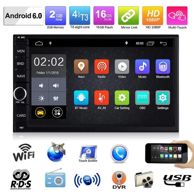 Top Universal 2Din Car Radio 7" HD Autoradio Android 6.0 2G+16G Multimedia Player WiFi GPS Audio Car Stereo MP5 Bluetooth USB FM 3