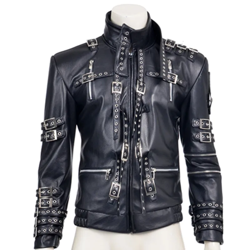 hot sale fashion rivet decoration black pu faux leather coat michael jackson cosplay costume top quality