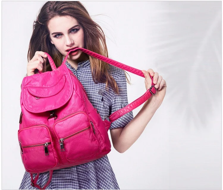 Mochila de Couro Feminina à Prova Lavado Macio D'água Vintage Multifuncional 13 Cheap Mochilas