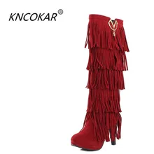 Г. Осенне-зимние модные зимние ботинки на очень высоком толстом каблуке ботинки с круглым носком и бахромой модные ботинки тренд высоких ног