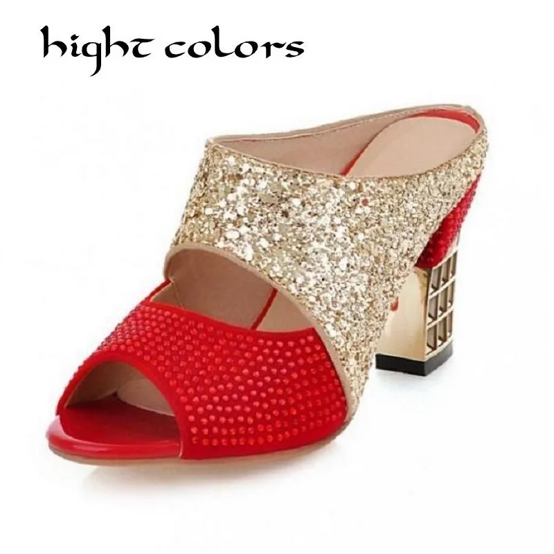 

New 2018 Luxury Rhinestone High Heels Women Slippers Fashion String Beaded Red Gold Slides Sexy High-heeled Sandals Size 34-43