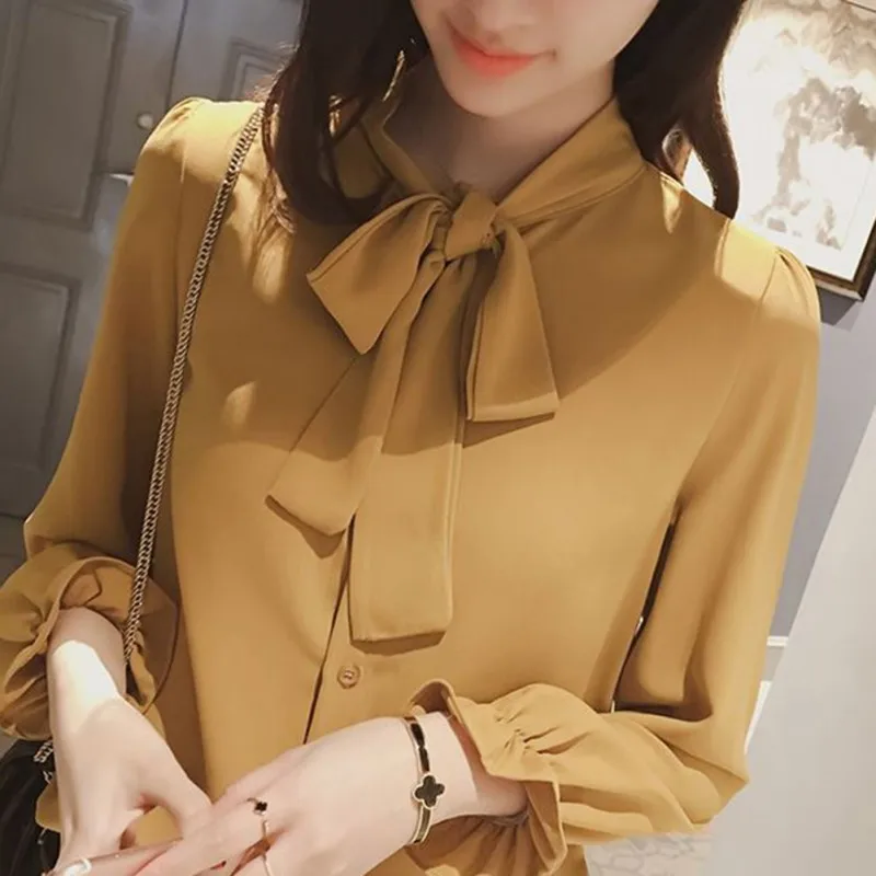 

2019 Fashion Women Sweet Bow Tie Neck Ruffles Chiffon Shirts Full Sleeve Loose Blouse Ladies Casual Tops Blusas Solid