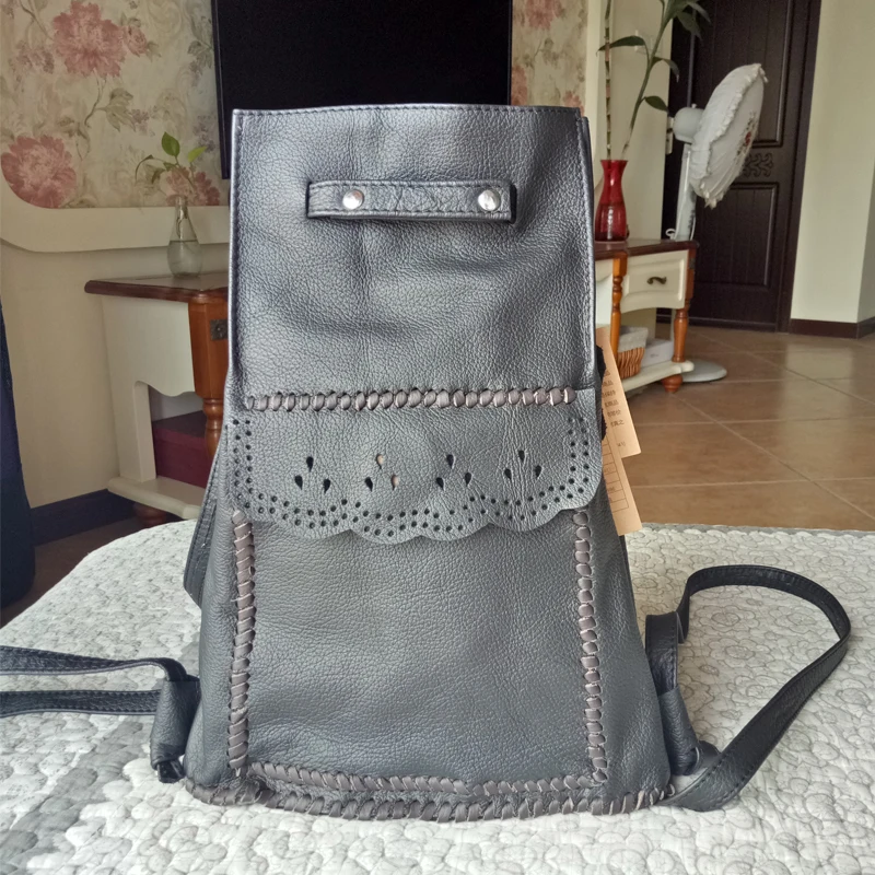 

2018 New Women's Backpack 100% Genuine Cow Leather Embossed Black Color Vintage Knitting Casual Shoulder Bag Female Backpacks