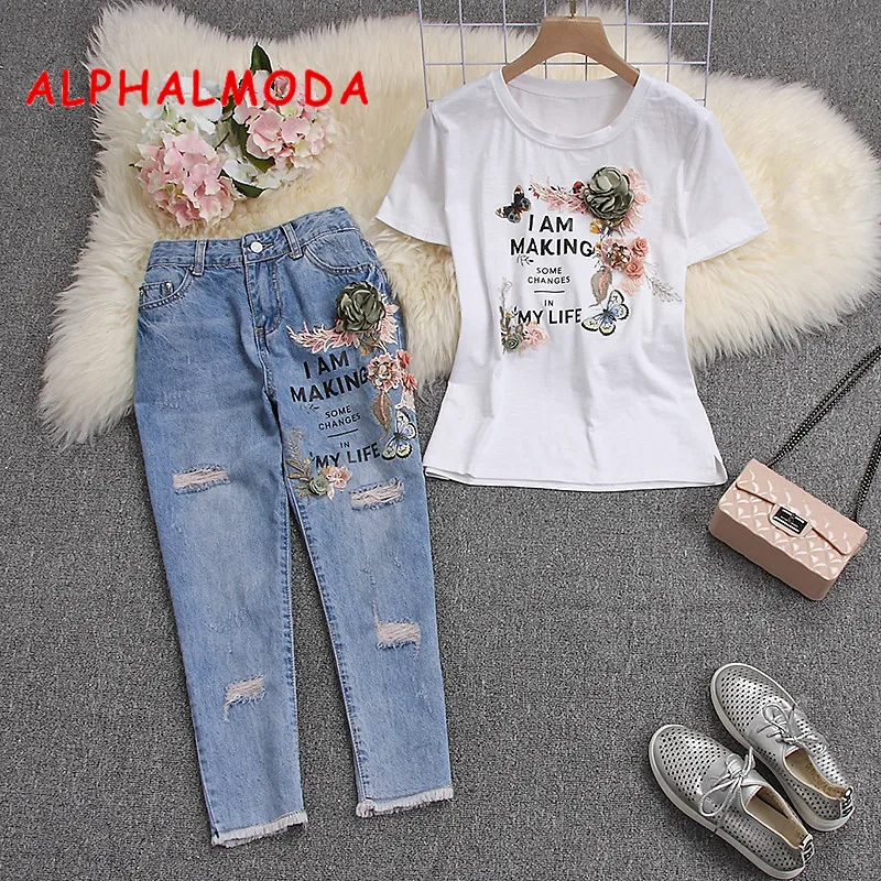 ALPHALMODA 2019 3D рваные джинсы тяжелые цветочные брюки |