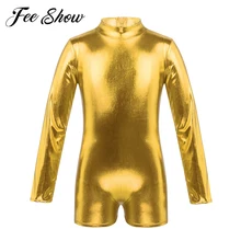 Детская одежда для девочек с длинными рукавами, с имитацией шеи, с блестящей металлической молнией сзади, для балета, танцев, гимнастики, трико, комбинезон, Комбинезоны