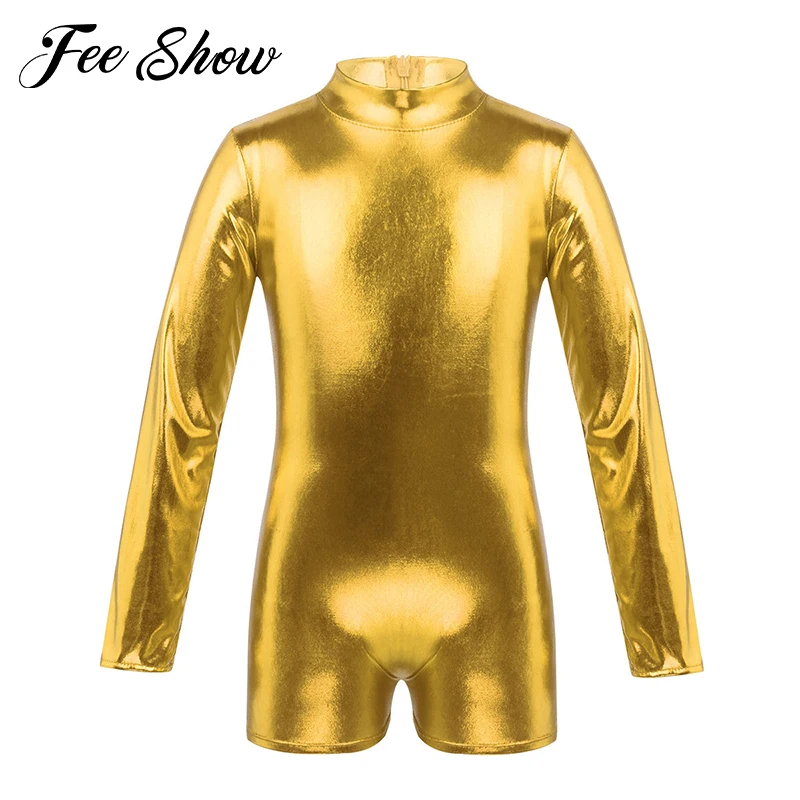 

Kids Girls Long Sleeves Mock Neck Shiny Metallic Back Zipper Ballet Dance Gymnastics Leotard Jumpsuit Unitard Overalls