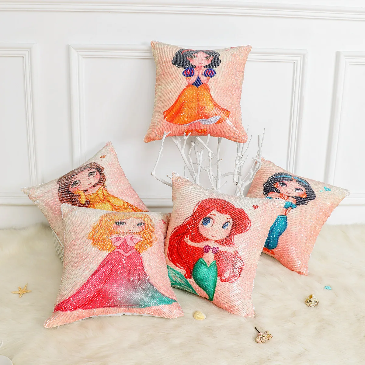 

40cm*40cm new sequin single-sided printing cute princess pattern living room sofa hug pillowcase Cushion Cover Pillow Cover