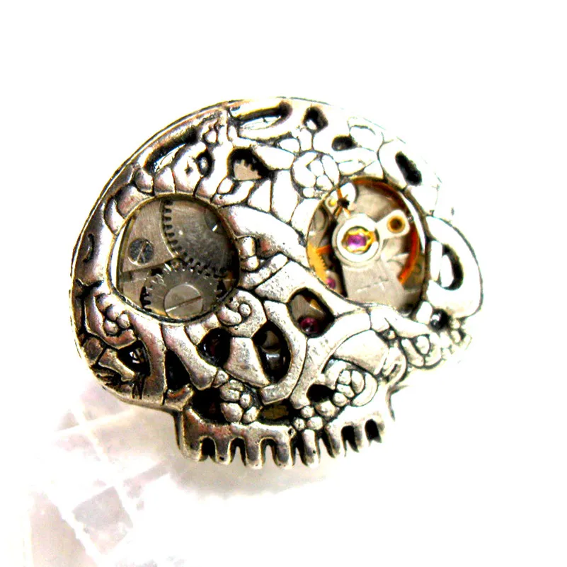 steampunk rock skull skeleton watch movements parts gears one finger ring men women girl boy jewelry christmas gift party trendy