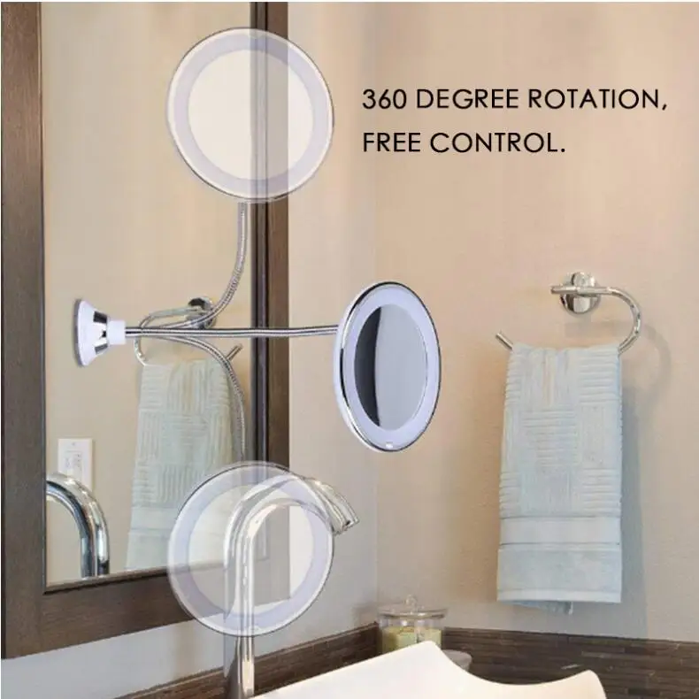 

10X Folding Mirror Makeup Mirror Flexible Magnifying Makeup Mirror with LED Light Wall Mounted Bathroom Mirror for Dropship