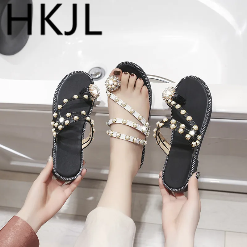 

HKJL Slipper lady 2019 new style summer fashion outside wear beach shoes flat bottom water drill beaded sandals A354