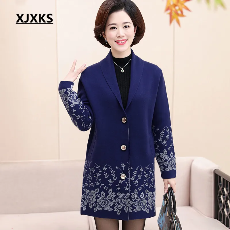 XJXKS, длинный кардиган для женщин,, осень, зима, v-образный вырез, вязаный свитер, кардиганы, женские свитера, длинное пальто, джемпер с принтом, 6119 - Цвет: Тёмно-синий