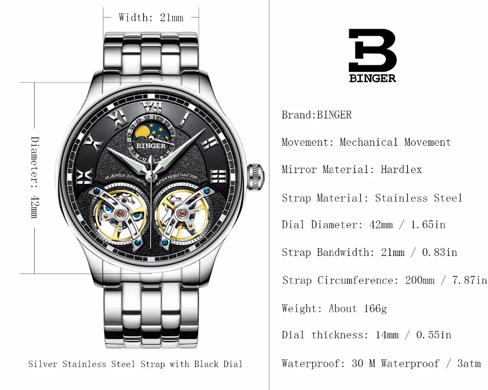 Швейцарские часы Бингер, оригинальные мужские автоматические часы, модные двойные турбийоны, мужские механические наручные часы с кожаным ремешком
