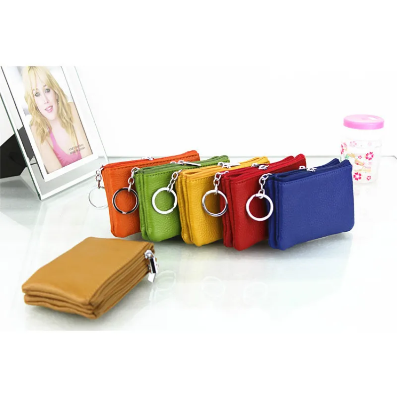 

2018 Real Genuine Leather Short Wallet Mini Double Zipper Soft Key Bags Coin Purse Gift for Money Pocket Thin Keychain Wallets