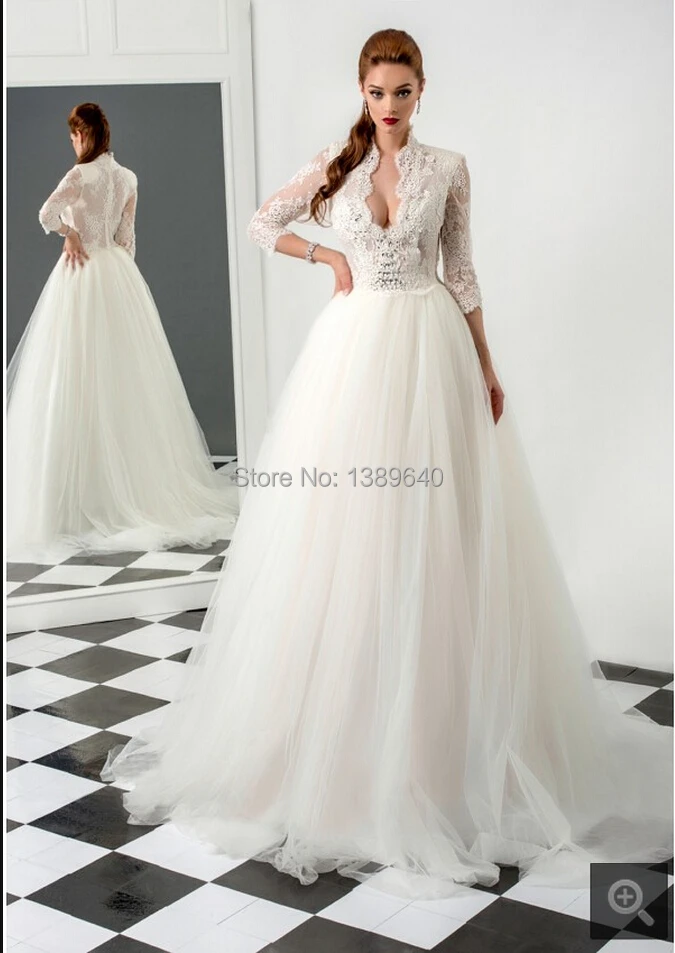 2015 New Design Most Beautiful Wedding Dress White Lace Deep V