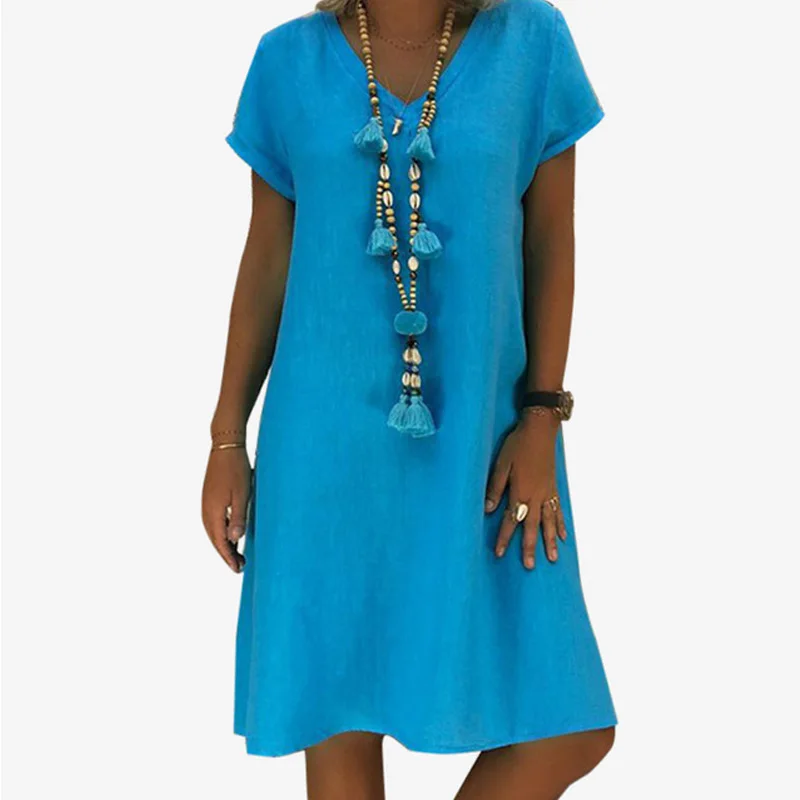 Women's Solid Knee Length Dresses Casual Loose Short Sleeve V Neck