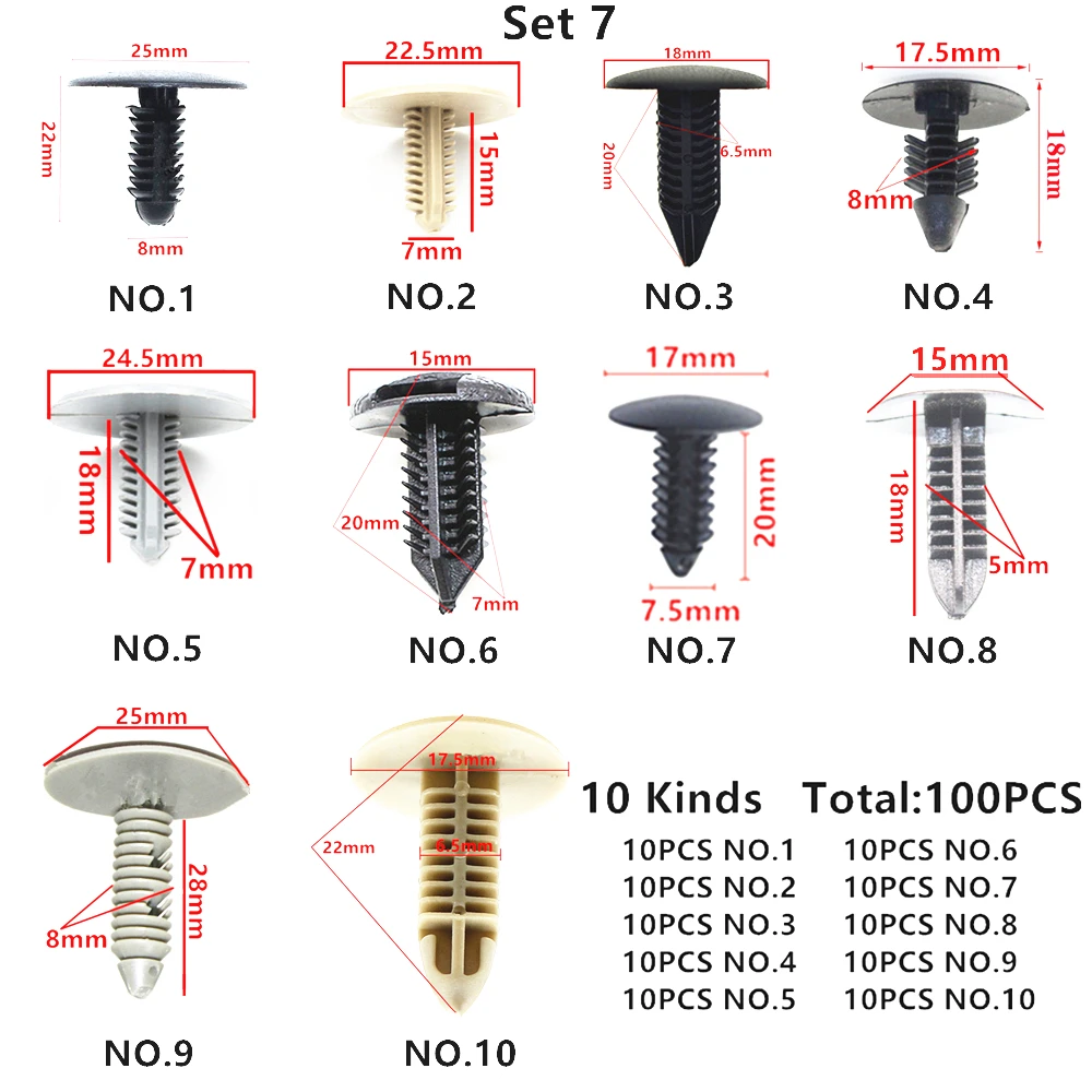100 шт, разные универсальные 5 мм, 6 мм, 7 мм, 8 мм, 9 мм, 10 мм, автомобильные крепления из пластика, зажимы для всех автомобилей, винтовые заклепки