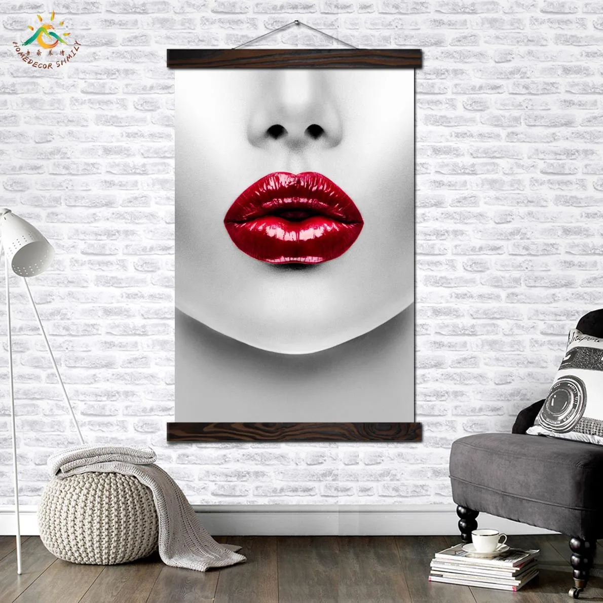 

Red Lip Lady Wall Art Single Panel Canvas Prints Painting with Frame Scroll Painting Hanging Poster Decoration for Living Room