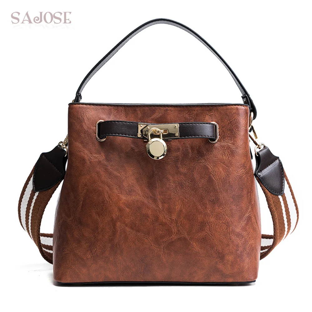 

Vintage Brown Lock PU Leather Totes Bags For Women Handbag High Quality Lady Shoulder Messenger Bag With Famous Designers SAJOSE