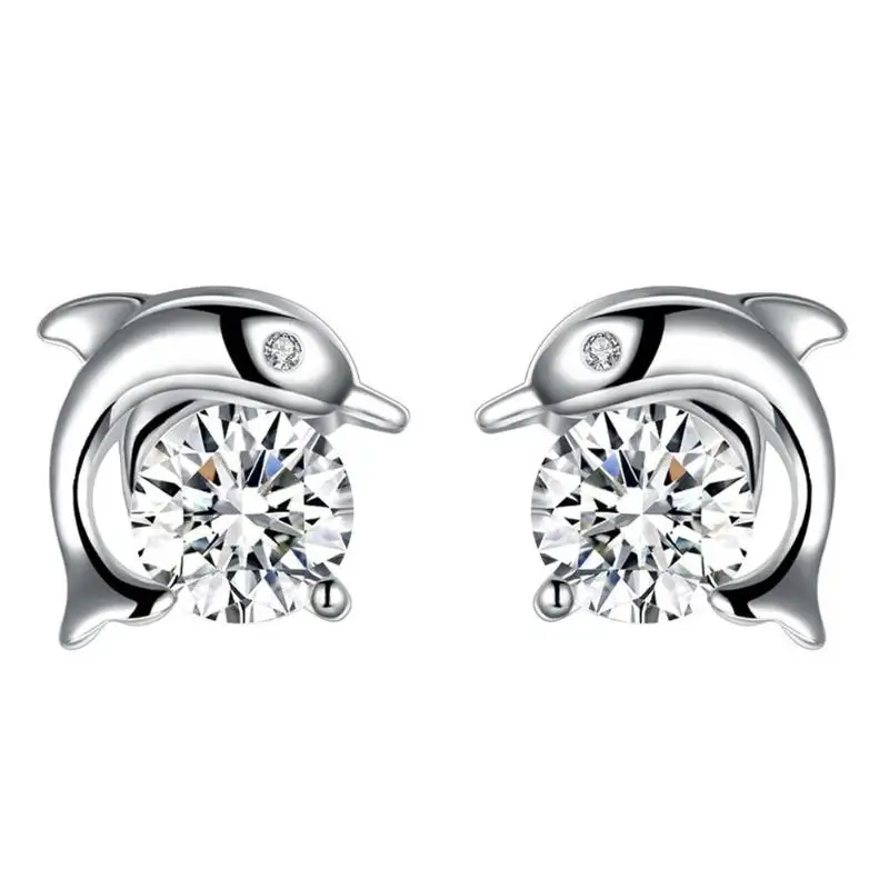 

1 Pair Cute Dolphin Ear Studs Shining Crystal Rhinestone Zircon Studs Earrings for Woman Girl Jewelry