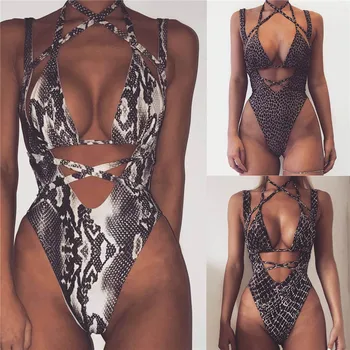 

Women Leopard Bandage One Piece Bodysuits Strap Push Up Padded Bra Bikini Hollow Out Swimwear Jumpsuits Beach Style Beach