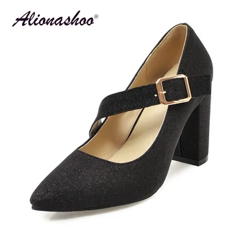 

2019 Large Size Metal Women Shoes Fashion Black High Heel Pumps Buckle Pu Leather Pointed Toe Shoes For Ladies Shallow Shoes