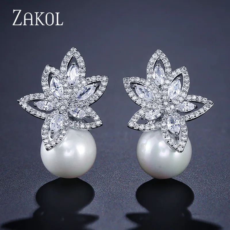 

ZAKOL Exquisite Cubic Zirconia & Imitation Pearl Flower Stud Earrings Luxury Jewelry For Bridal Accessories FSEP185