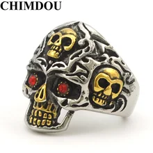 Retro Gothic Style Biker Motorcycle 14 Gold Plated Stainless Steel Skull Red Eye Skull Ring Men’s Jewelry,AR413