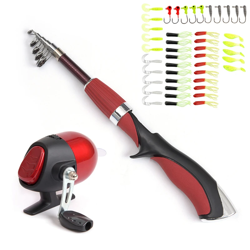 

Mini Portable1.4m Rod Combo Telescopic Ice Rock Fishing Rod + Closed Spherical Fishing Reel + Soft Lures + Lead Hooks