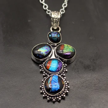 

Multi Gems Vintage Dichroic Glass Silver Color Charms Necklace Pendants AK110