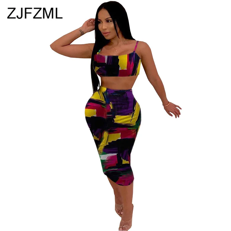 

Colorful Print Sexy Two Piece Set Women Spaghetti Strap Sleeveless Crop Top And Bodycon Midi Skirts Summer 2 Piece Club Outfits