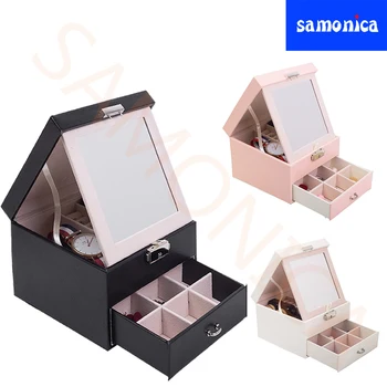 

Three-color Double-layer PU Flip + Drawer Multi-function Jewelry Display Storage Box Earrings Ring Watch Necklace Storage Case