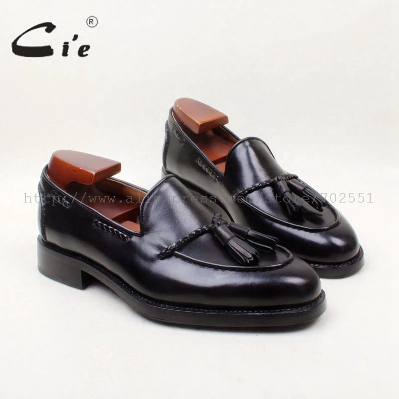 cie Round Toe Genuine Leather Outsole Bespoke Goodyear Welted Handmade Black Tassels Slip-on Men's Shoe loafer 158