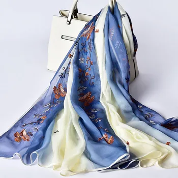 

100% Real Silk Women Scarves Shawls For Ladies 2020 Luxury Embroidery Scarf Natural Chiffon Silk Scarf Headscarf Neckerchief