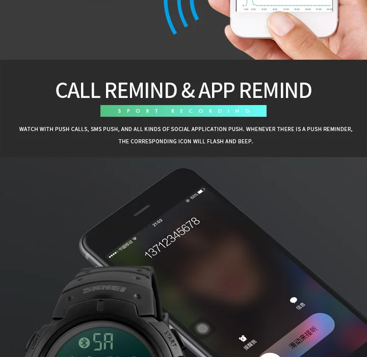 SKMEI мужские умные спортивные часы, шагомер, калории, цифровые часы с напоминанием, фитнес-часы с Bluetooth для IOS, Android, наручные часы 1301
