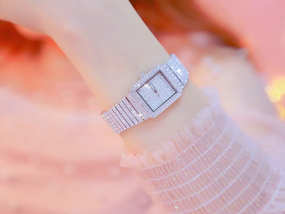 BS Топ бренд Diamond прямоугольный полный алмазов Для женщин женские часы девушка мода кварцевые золото часы с кантом женские часы