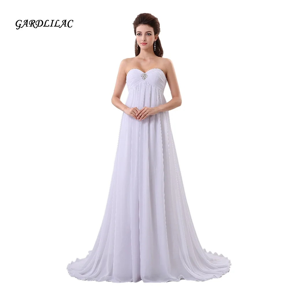 

Gardlilac Chiffon Sleeveless Long Evening Dress White Sweetheart Party Dress with Crystals A-line prom Party dress