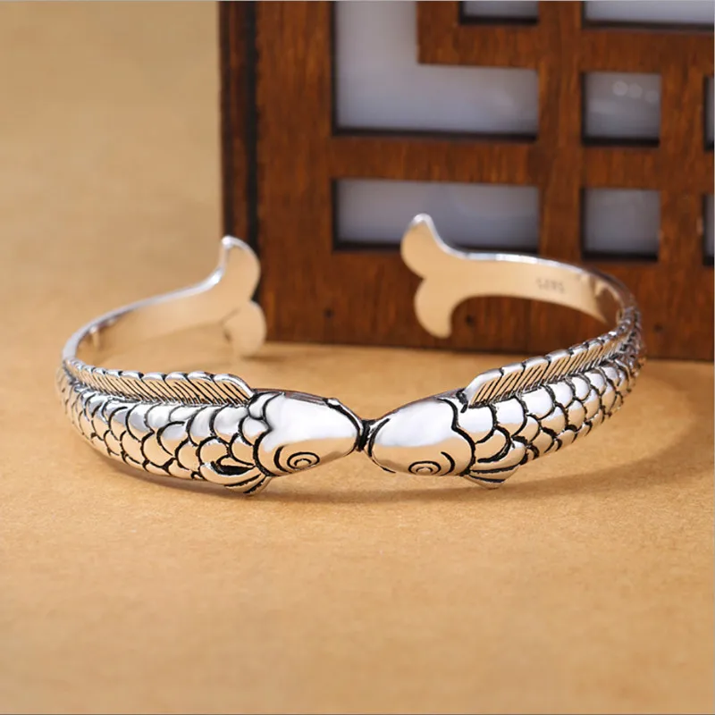 Новые Изысканные милые серебряные ювелирные браслеты с рыбками и 925 пробы, ретро-браслеты в этническом стиле - Цвет камня: 2