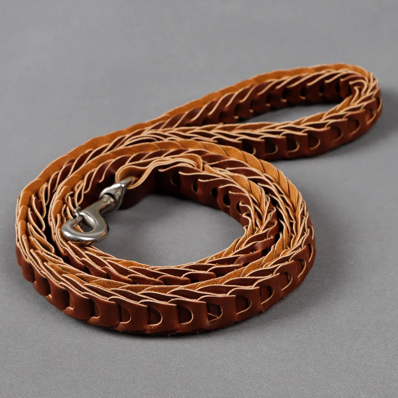 

120cm Brown Geniune Leather Dog Leash Hand-made Braided Pet Leads Medium and Large Dogs Leash for Training and Walking