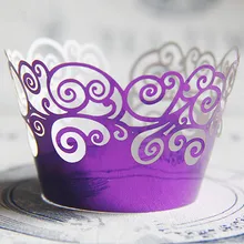 Фиолетовый кружева обертка для кекса, лазерная резка сдобы чашки торт чашки обертки яркие бумажные Свадебная вечеринка украшения поставки
