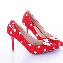 Elegant Red Lace Pointed Toe Thin Heels Dress Shoes Bridal High Heels Wedding Shoes Bowknot Bridesmaid Shoes Popular Women Pumps