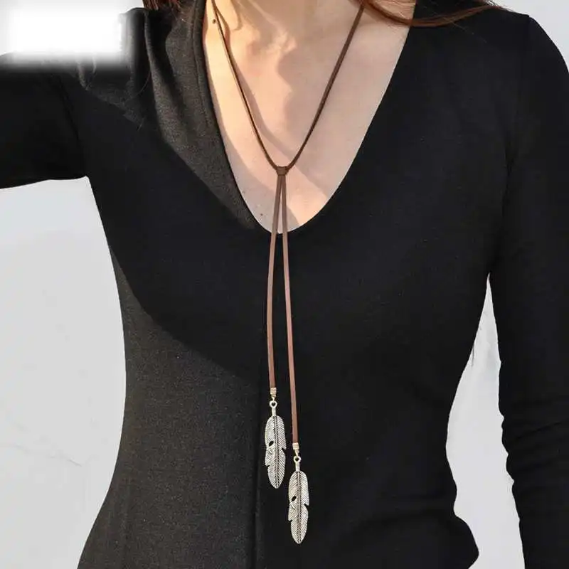 

Factory Direct Artilady antic silver leaf pendant necklace fashion genuine leather long chain necklace for women jewelry party