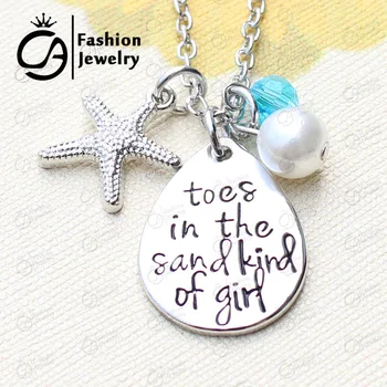 

Toes in the sand kind of girl starfish Pearl Charm beach jewelry Hand Stamped Necklace Christmas Gift Jewelry 20Pcs/Lot #LN1284