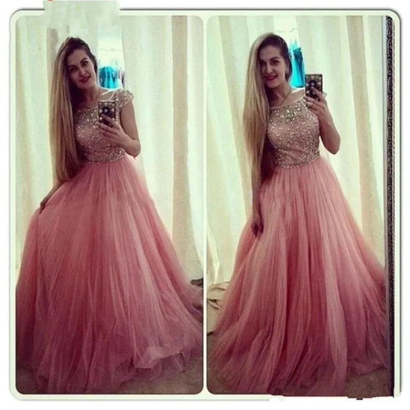 

Vintage Plus Size Prom Dresses 20017 Cheap A Line Short Sleeve Beaded Crystals Puffy Tulle Formal Evening Gowns Custom Made
