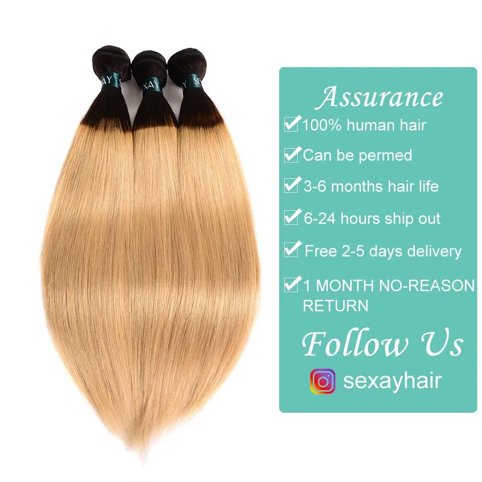 SEXAY Blonde Human Hair Bundles With Closure 3 Bundles With Lace Closure Dark Roots T1B/27 Ombre Blonde Peruvian Straight Hair