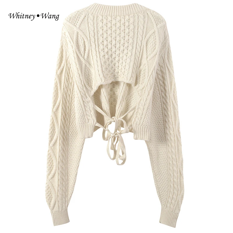 

WHITNEY WANG 2018 Autumn Winter Fashion Streetwear Sexy Back Tie Cable-Knit Sweater Women jumper pull femme Pullovers WW-2315